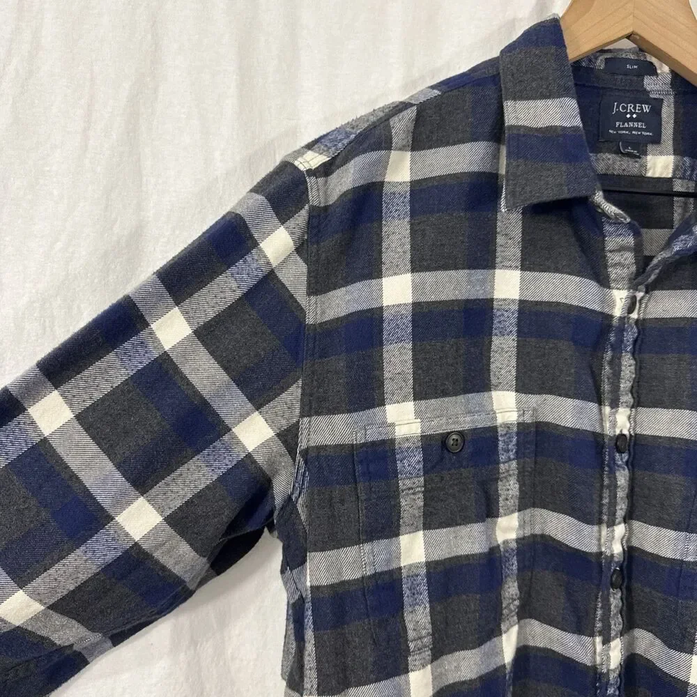 J Crew Slim Fit Flannel Gray Blue Plaid Button Up Shirt Mens L Outdoor Camping